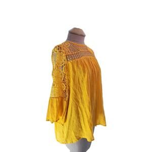 Indigo Rose Size L Fairycore Blouse Bell Sleeves Mesh Shoulders MUSTARD